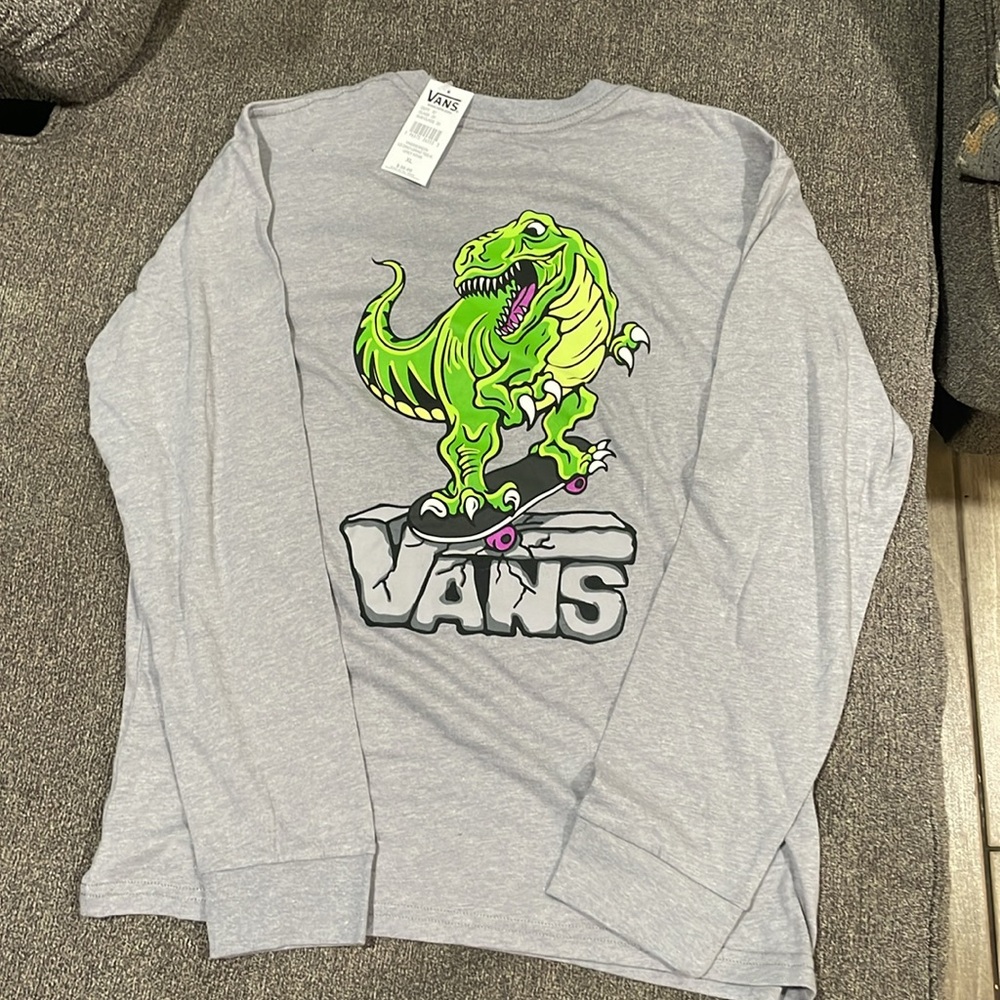 Vans T-shirt Boys Size XLarge Dinosaur Skating Gray Graphic Print Long Sleeve